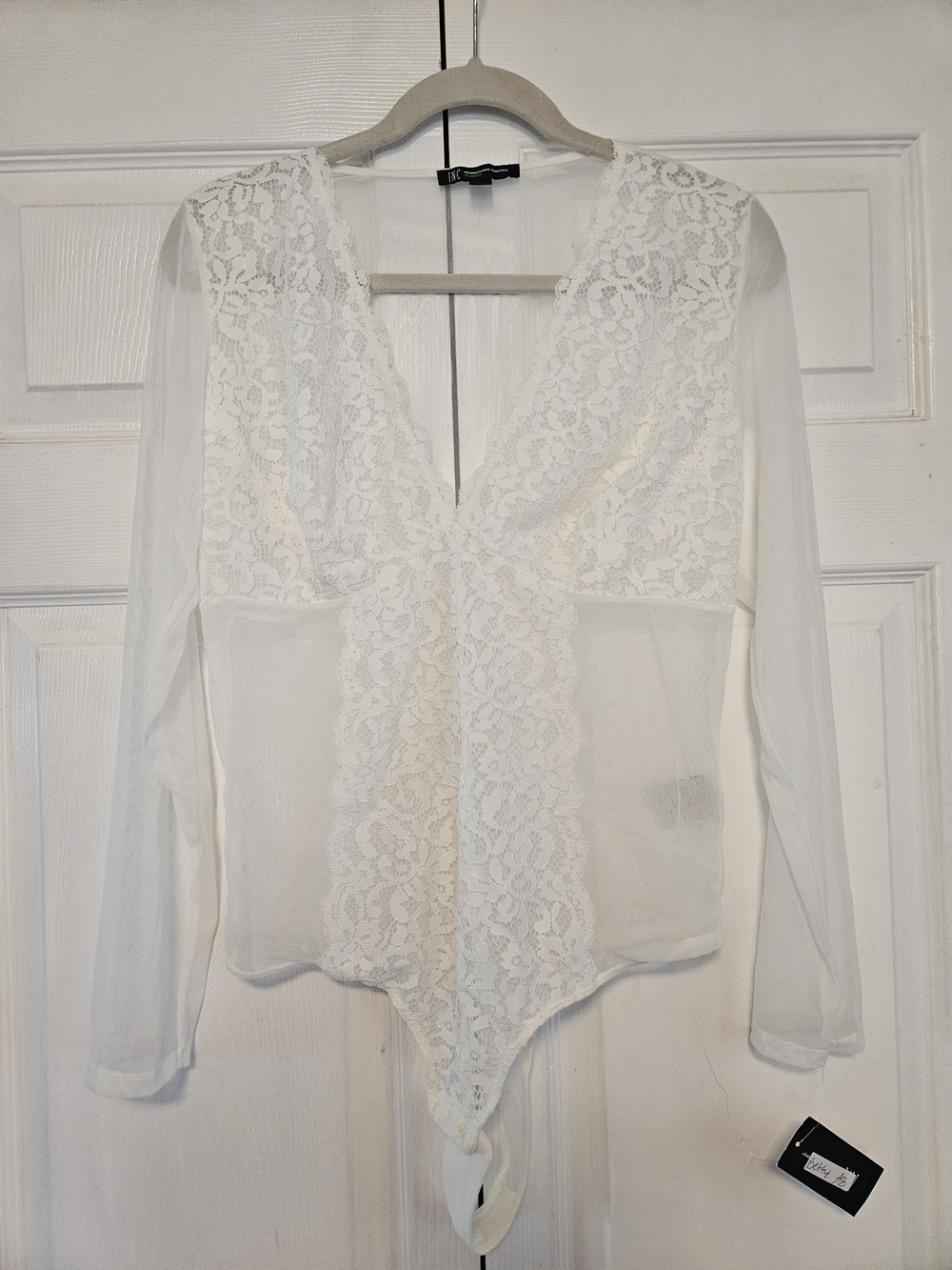 Sheer White Lace V-Neck Long Sleeve Bodysuit